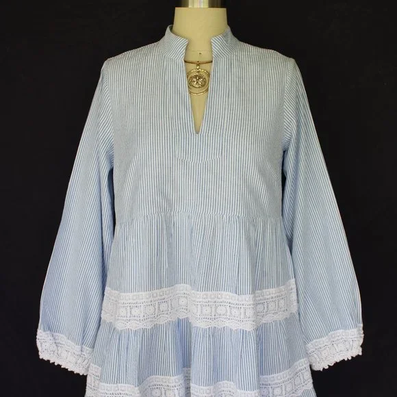 Sail to sable charlotte dress blue stripe Seersucker crochet lace tiered tunic - Picture 7 of 10